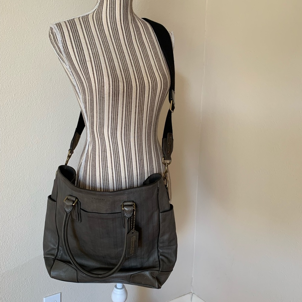 Coach Olive Green Leather Tote with Black Strap and Brass Hardware - Picture 9 of 14